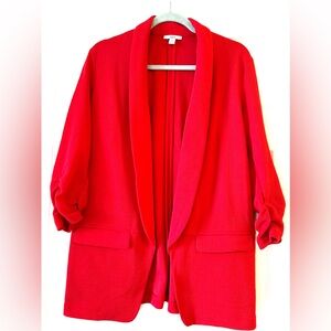 Bar III Red Blazer M Medium Open Front Ruched 3/4 Sleeve‎ Shawl Collar Crepe JKT